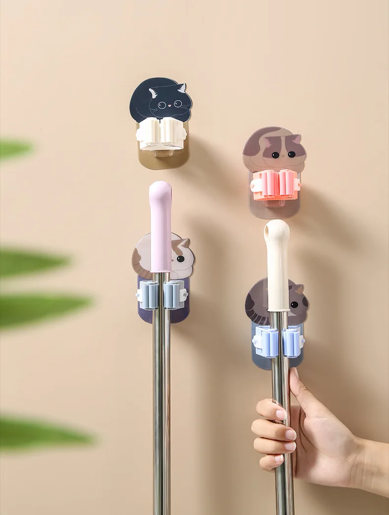 Description Picture 3 of item4Pcs Wall Mounted Mop Hook Cartoon Cat Multi-Purpose Holder Household Broom Handbag Umbrella Strong Rack Bathroom Tools Hanger