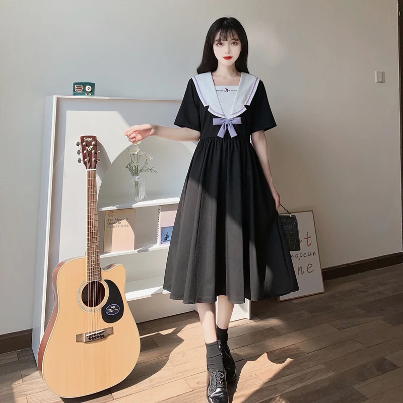 

JK Black Short Sleeve Dress Women Korean Loose Bow Sailor Collar Maxi Long Dresses Female Summer New Preppy Style