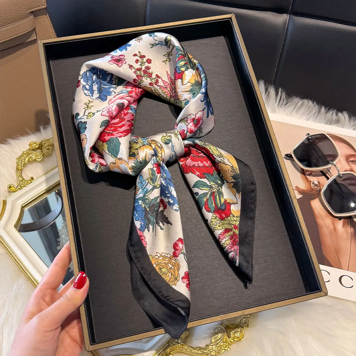 Four Seasons NEW Floral Square Scarf Women Satin Shawl Wrap Hijab Female Hair Luxury Headkerchief Beach Sun Protection Bandana