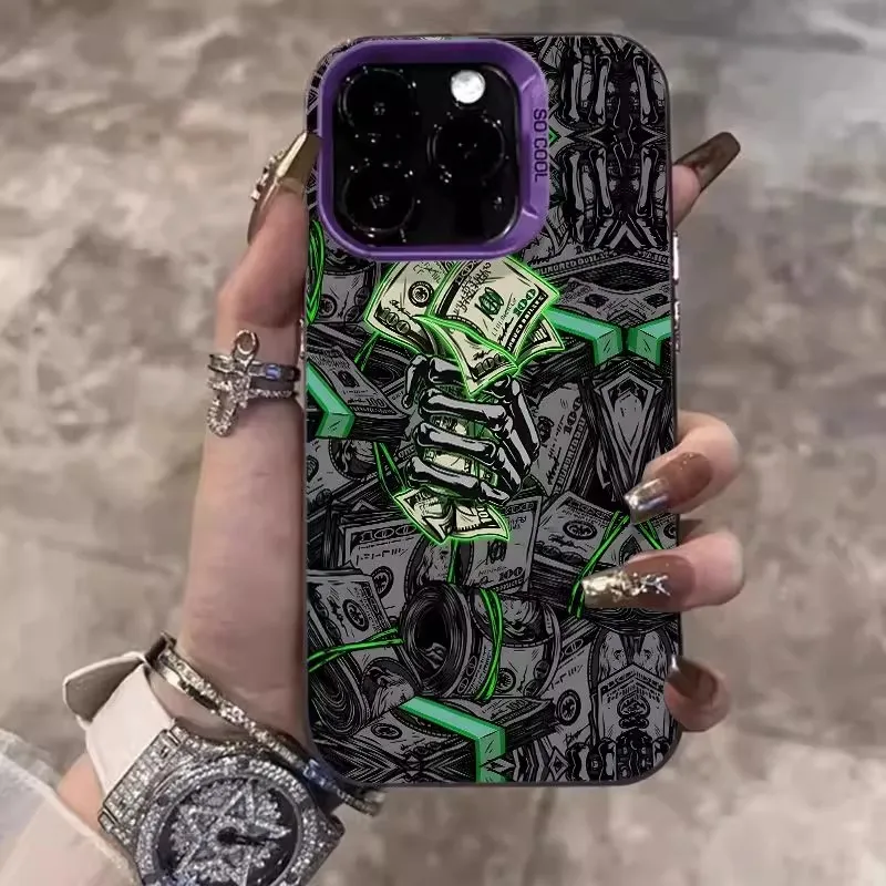 Trendy Geld Skeleton Hand Matte Telefon Fall Für iPhone 17 16 15 14 13 12 11 Pro Max XS XR 7 8 Plus 16E 16Pro Laser Harte PC Abdeckung – Detail 2