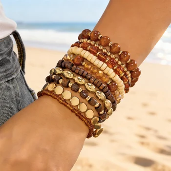 10pcs/Set Bohemian Chic Wood Beaded Mix Bracelet for Women Exquisite Crystal Gravel Bracelets Friendship Jewelry Gifts 1