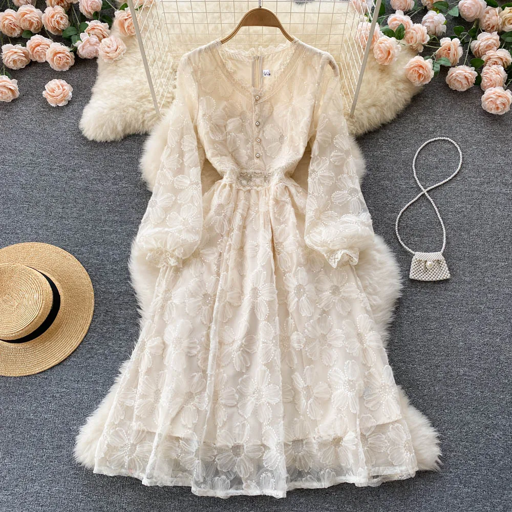 

Spring Autumn Women Beading Floral Lace Dress V Neck Lantern Long Sleeve Mesh Dresses Lady A Line Large Hem Long Party Vestidos