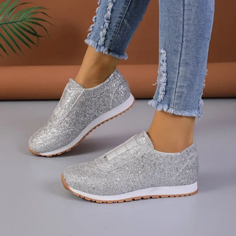 Luxury Women Loafers Causal Shoes Gold Silver Sequin Leather Shoes for Womens Four Season Slip-on Sneakers Women's Flat Shoes 2