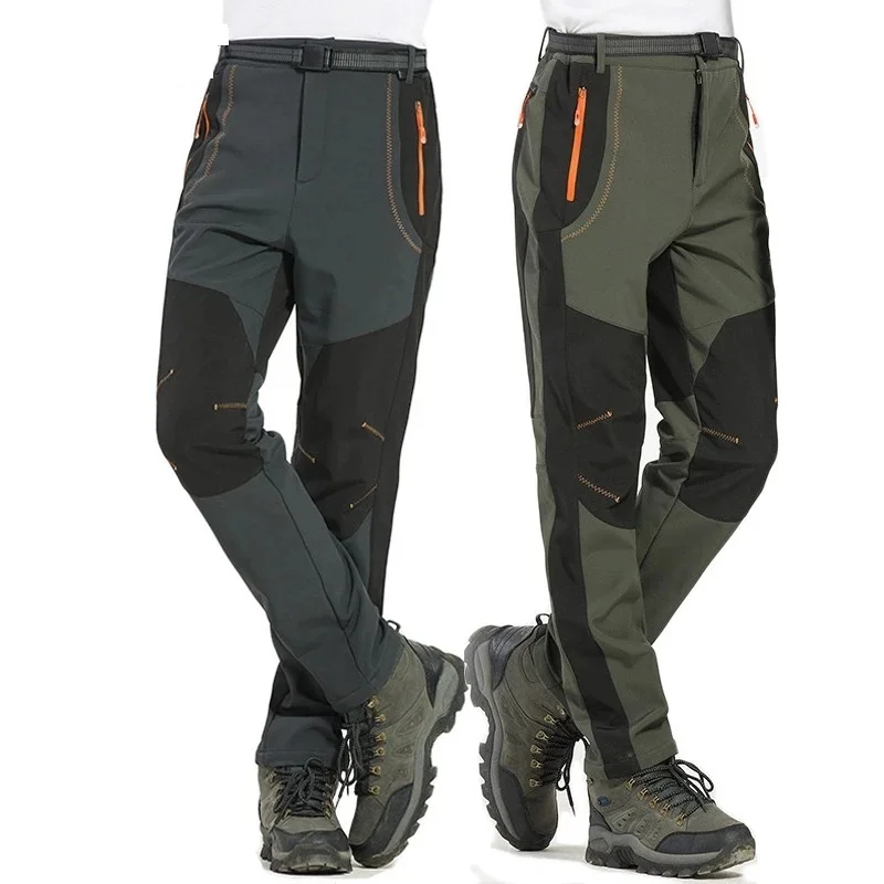 Hiking Pants Fleece Pants Outdoor Winter Hiking Skiing Thick Warm Soft Shell Waterproof Pants Camping Climbing Fishing Trousers 5XL Men Women
