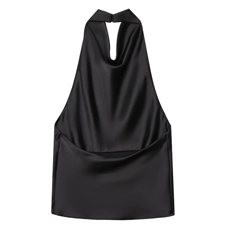 HXAO Braun Neckholder Top Frauen Sommer Crop Tops Für Frau Ärmelloses Satin Schwarz Top Leibchen Backless Weiß Top Party Sexy Tops – Detail 22