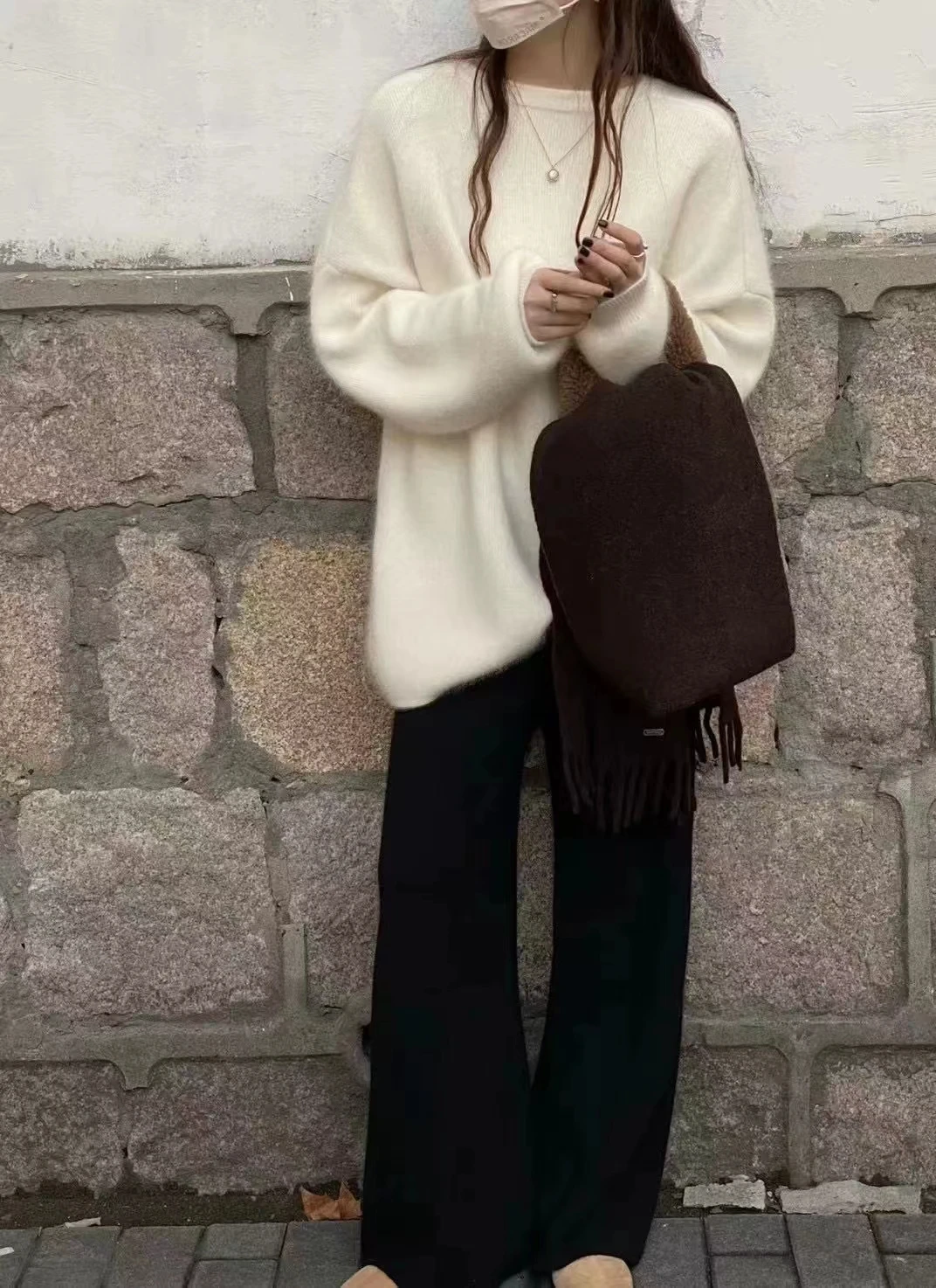 Soft waxy 100% cashmere wide-leg pants women's drooping feeling lazy wind knitted straight pants padded outer pants in autumn an 5