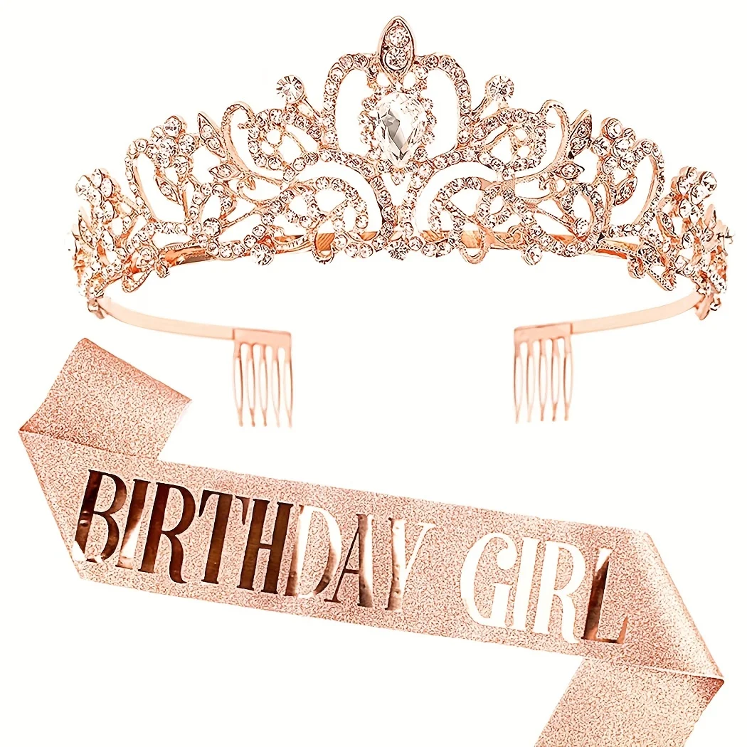 Birthday Crown Bling Rhinestone Crystal Tiara Sash Women Party Decoration Kit