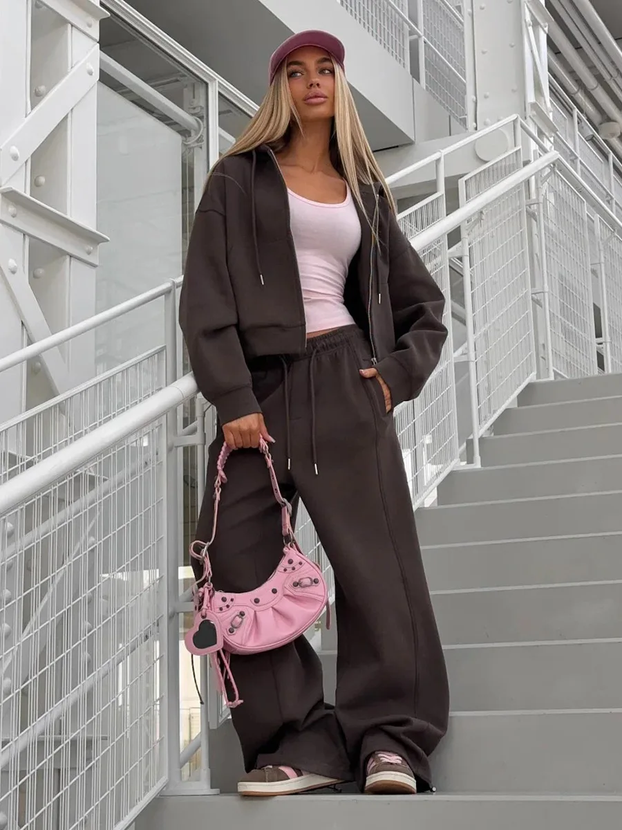 Bprnladies Autumn Winter New Zipper Cardigan  Sweatshirt Long Pants Set Women's Sweatshirt Wide Leg Pants Hoodie Set