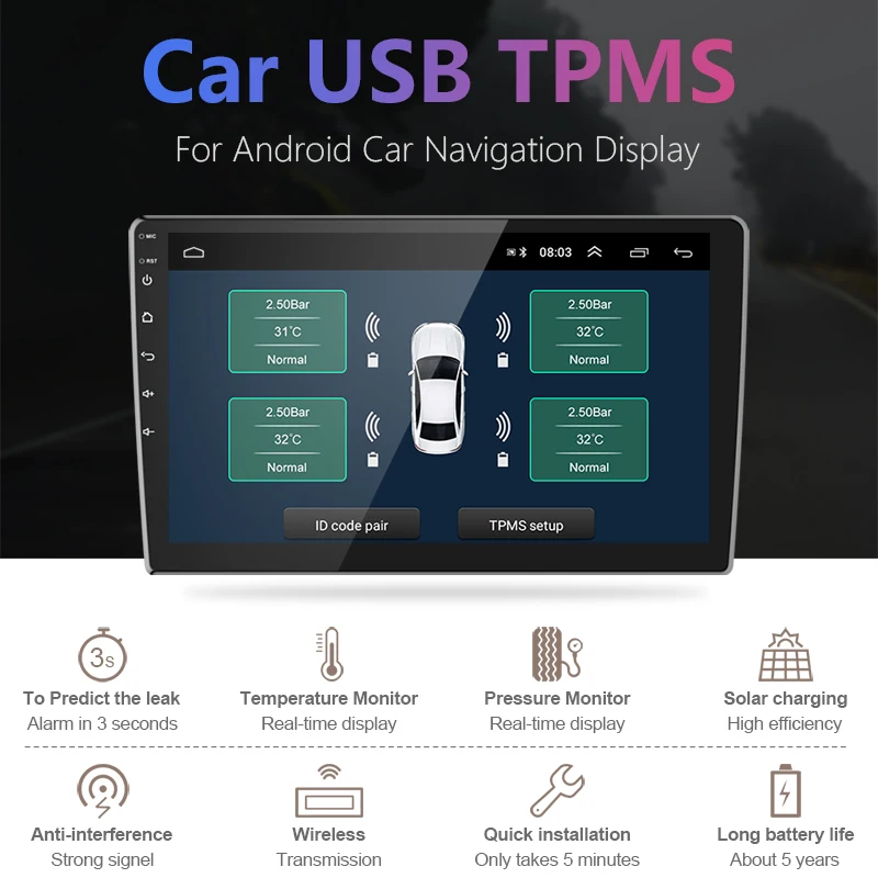 Srnubi Android TPMS for Car Radio DVD Player Tire Pressure Alarm Monitoring System Spare Tyre Internal External Sensor USB TMPS — view 2
