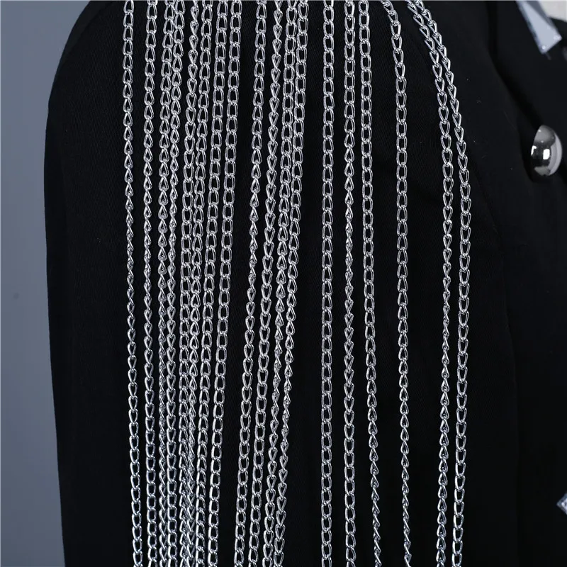Male Tassel Blazer Jacket Mirror Chain White Black Men Clothing Singer Host Bar Nightclub Performance Stage Costume Fashion Coat
