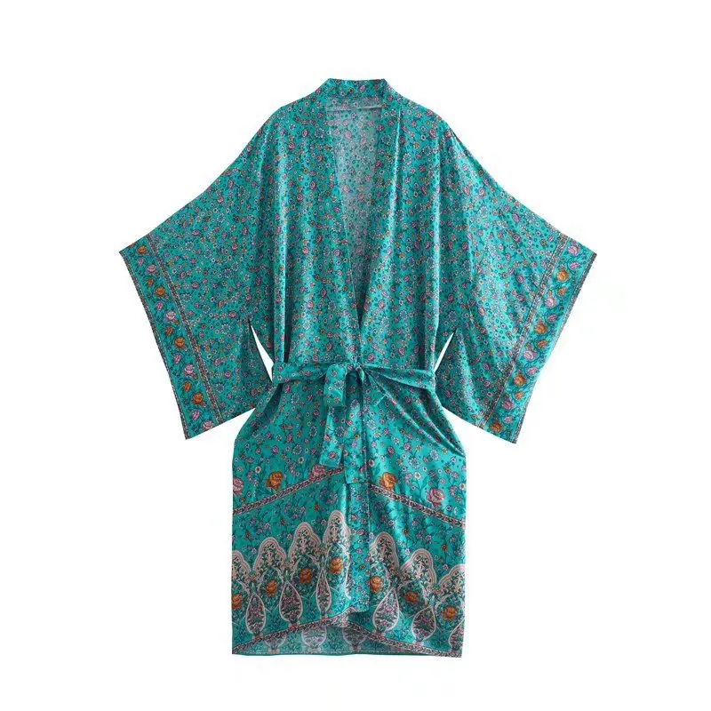 

AYUALIN Casual Sashes V-Neck Female Kaftan Blusas Bohemia Loose Kimono Summer Dress Beach Wear Floral Print Bikini Cover Up