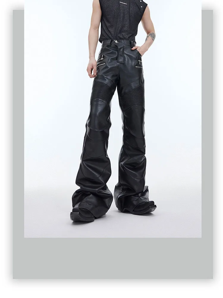 Description Picture 4 of itemIEFB Metal Zipper Men's PU Leather Pants Punk Patchwork Solid Color Male Light Flare Trousers Personality Spring New Chic 9C4729