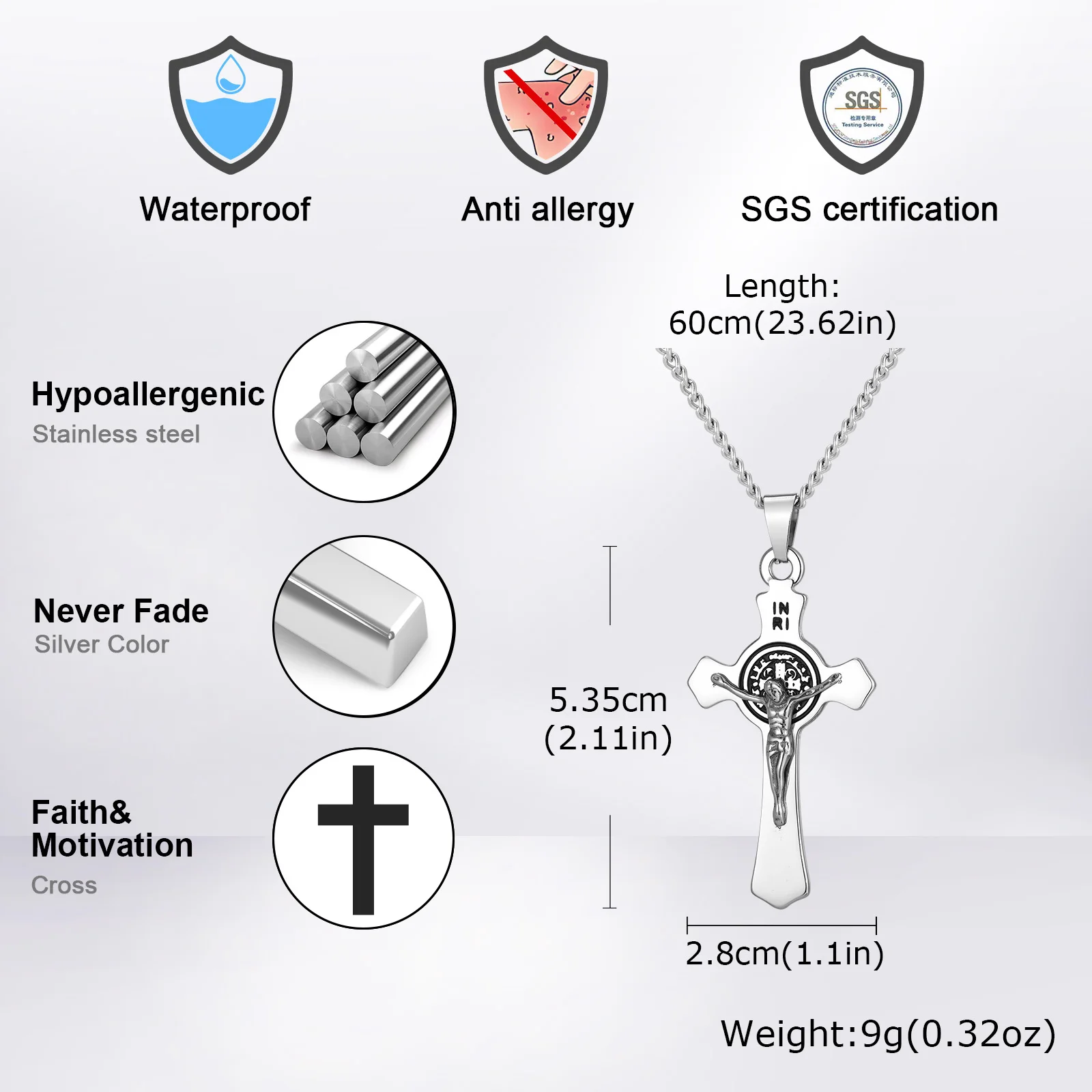 Catholic Saint Benedict Cross Necklce for Men,Stainless Steel Necklace Jesus Cross Pendant,Crucifix Necklace Gift