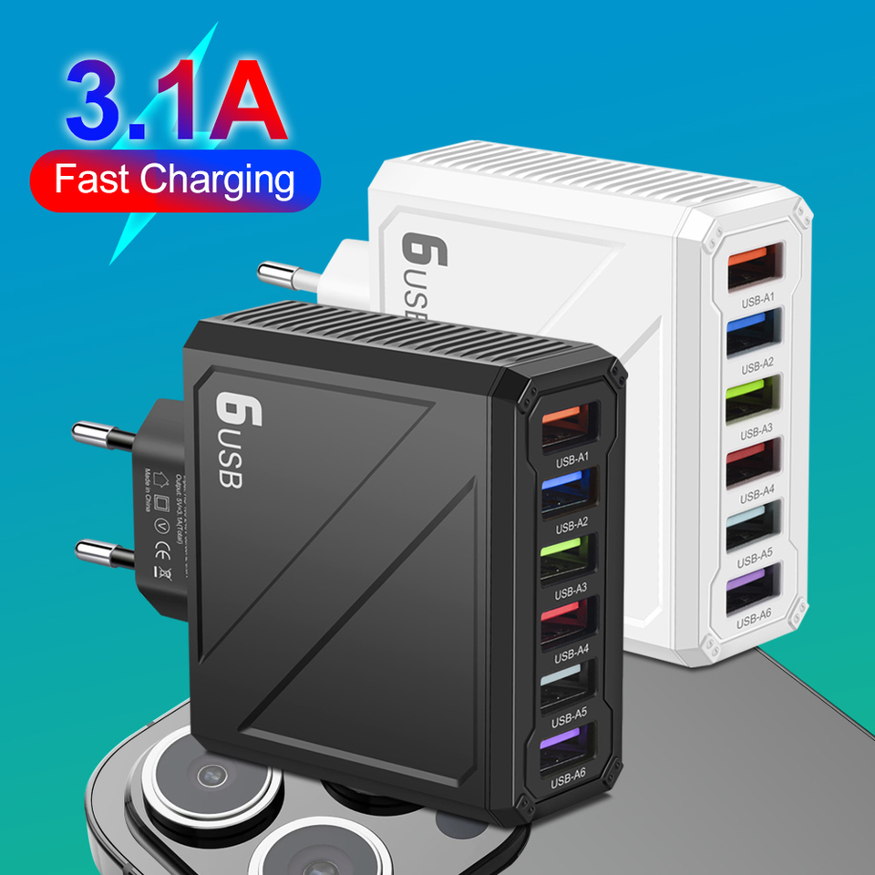 Multi Port USB Charger 3.1A 6 Port Fast Charging Wall Charger Quick Charge For iPhone Samsung Xiaomi Huawei Mobile Phone Adapter