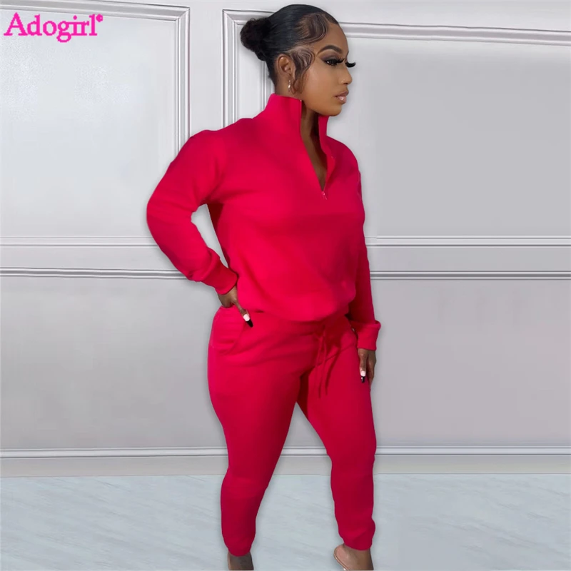 

Комплект спортивной одежды Adogirl женский однотонный из флиса, спортивный костюм с молнией, воротником-стойкой, пуловер с длинным рукавом, свитшоты и брюки, костюм для бега