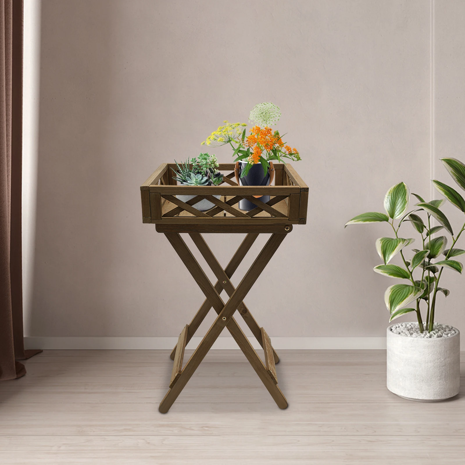 15.7*15.7*3.5in Solid Wood Folding Flowerpot, Flower Rack, Storage Rack, Plant Bracket, Plant Rack 20kg-Coffee Color