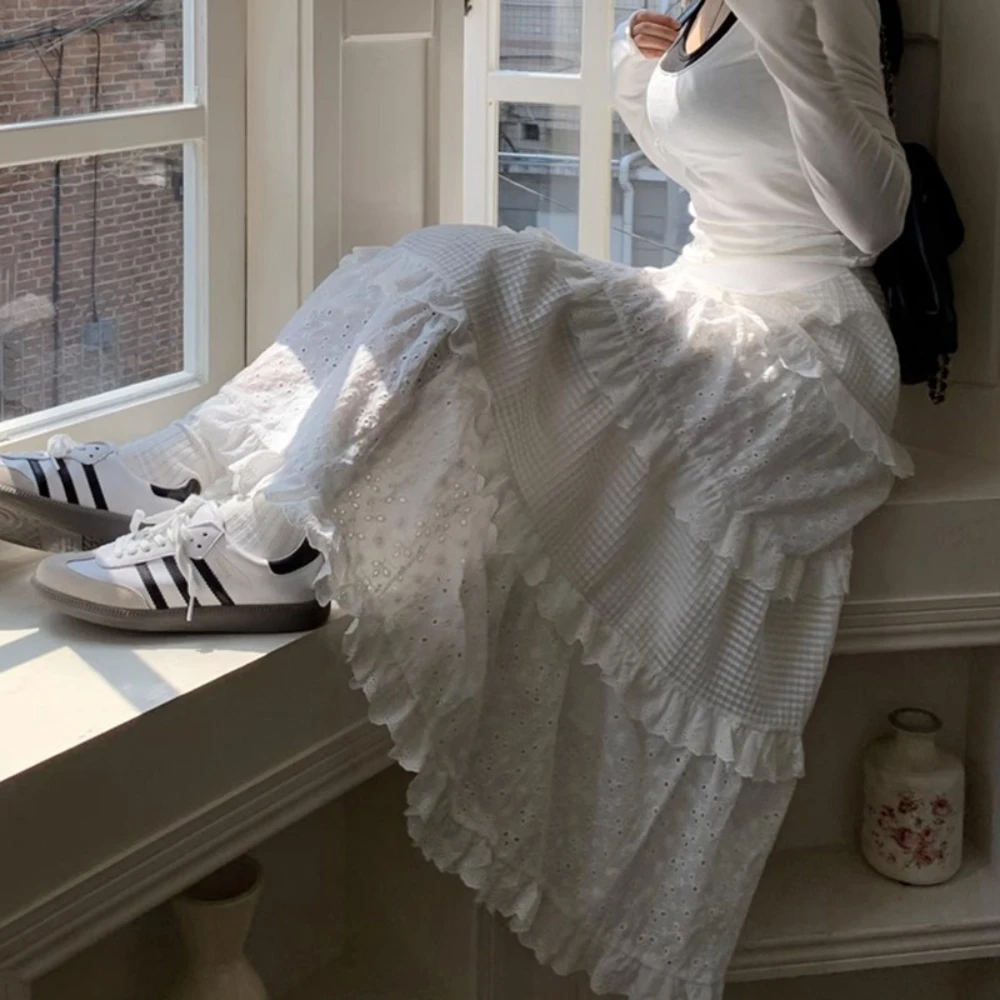 임산부 용수철 자수 레이스 케이크 스커트, A라인 롱 스커트, 가을 여름 신상
