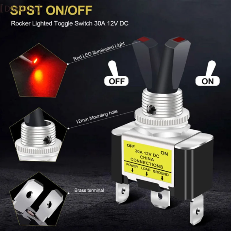 30A 12V LED Toggle Switch 3Pin SPST 2 Position ON Off For Automotive Car Aircraft 1PCS
