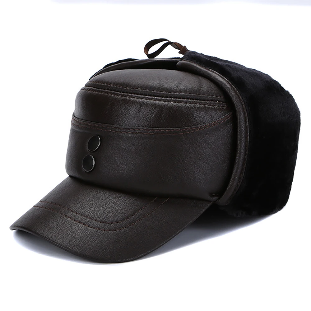 Men Ear Flap Genuine Leather Hat Winter Vintage Baseball Caps Thicken Warmer Flat Hats Fashion Real sheepskin Cap 2025