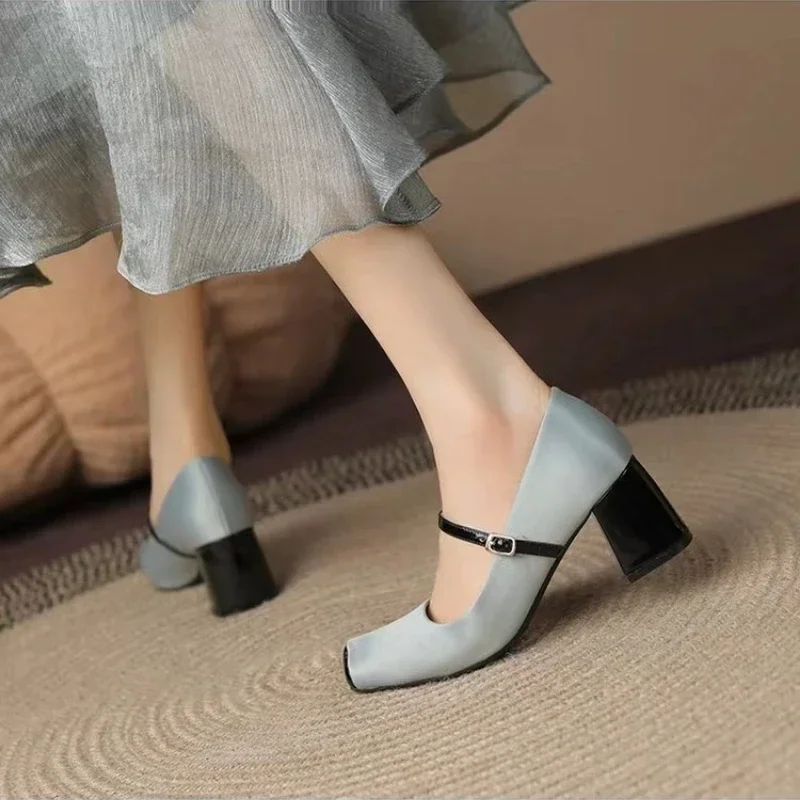Women Spring Luxury Mary Jane Shoes Autumn Fashion Square Toe Shallow Ladies Elegant Dress Single Leather Shoes Square Heel Pump 3