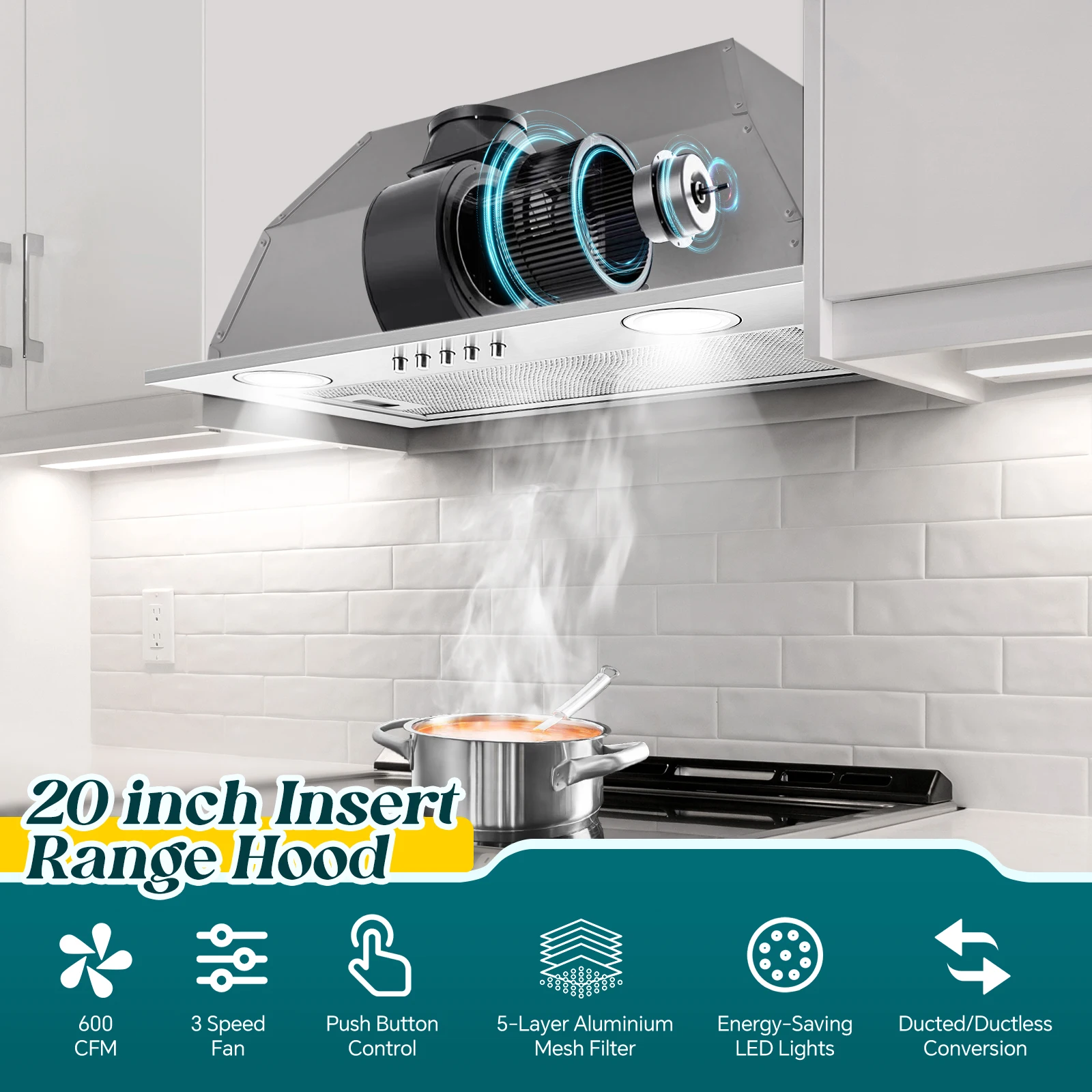 20 Inch 600CFM Insert Stainless Steel Kitchen Vent with LED Light Exhaust Fan Button Control Range Hood 2