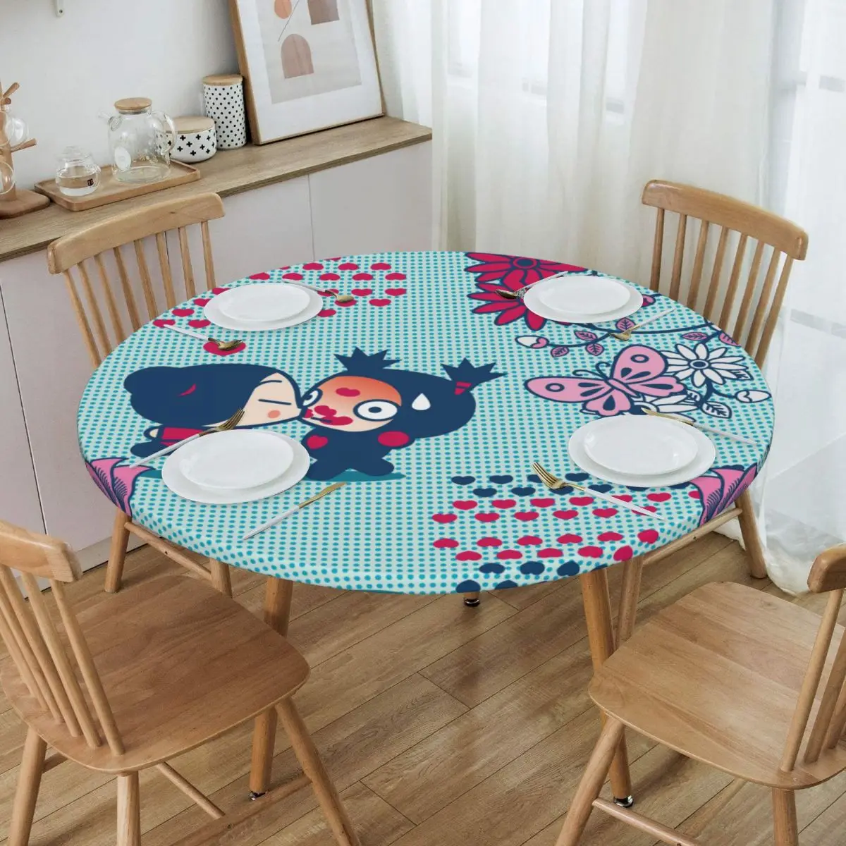 

Round Waterproof Cartoon Anima Pucca Table Cover Fitted Table Cloth Backing Edge Tablecloth for Picnic