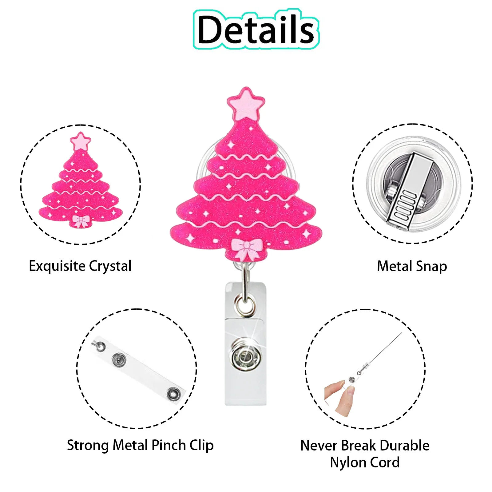 Acrylic Glitter Pink Christmas Tree Retractable Badge Reel Name Tag Alligator Clip Medical ID Badge Holder Christmas Gift