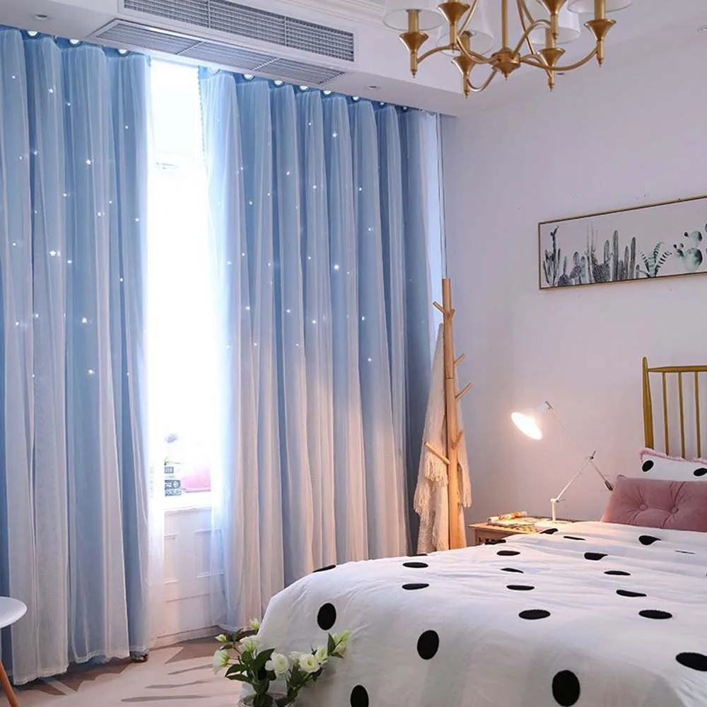 

Blackout Curtains for Kids Room Sheer Curtains for Living Room Girl's Bedroom Window with White Tulle Double Layer Hollow Stars