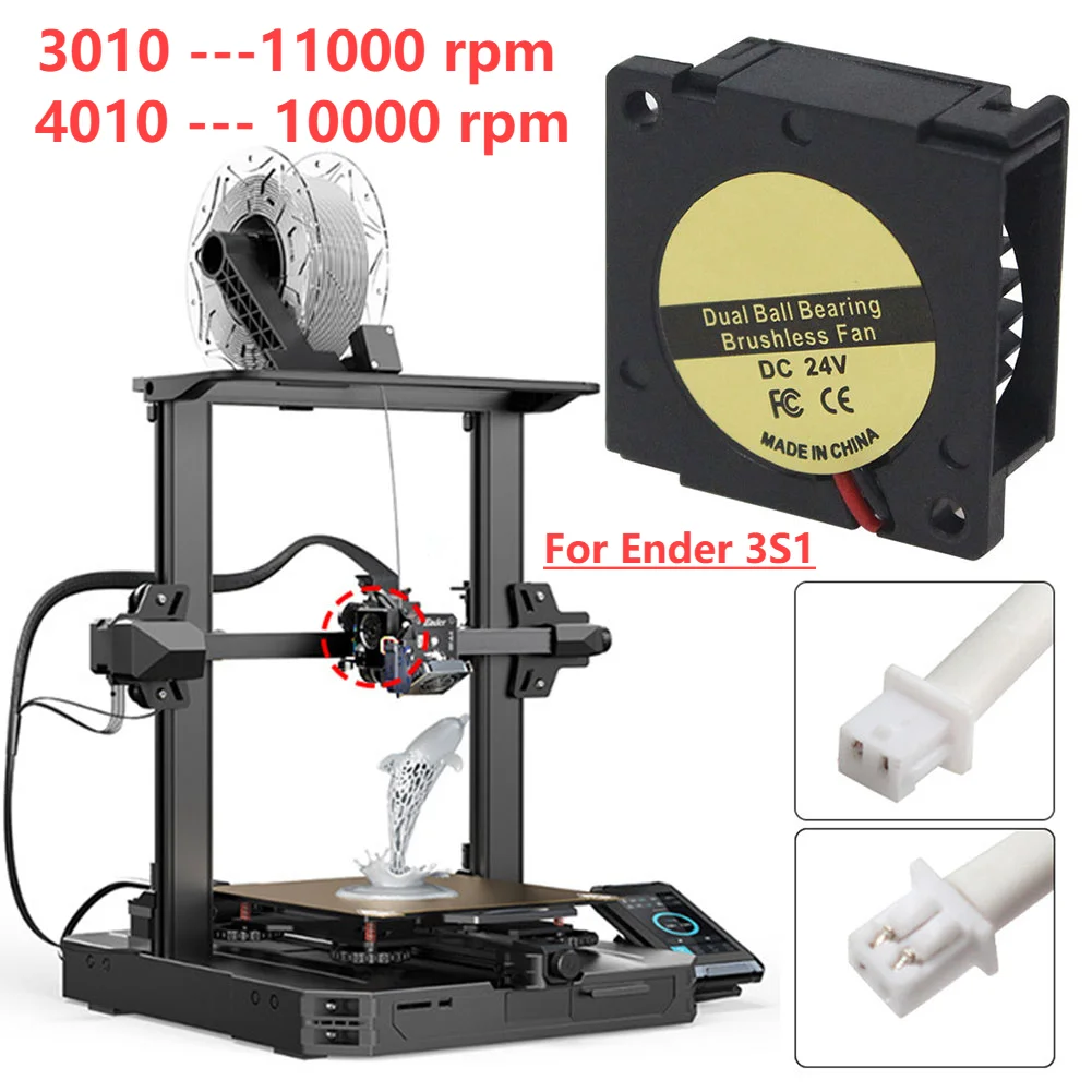 3D 프린터 부품용 브러시리스 터보 선풍기, 엔더 3S1 냉각 선풍기, DC 24V 3010 4010, 2 핀 듀얼 볼 터보 베어링 송풍기 선풍기, 2 개