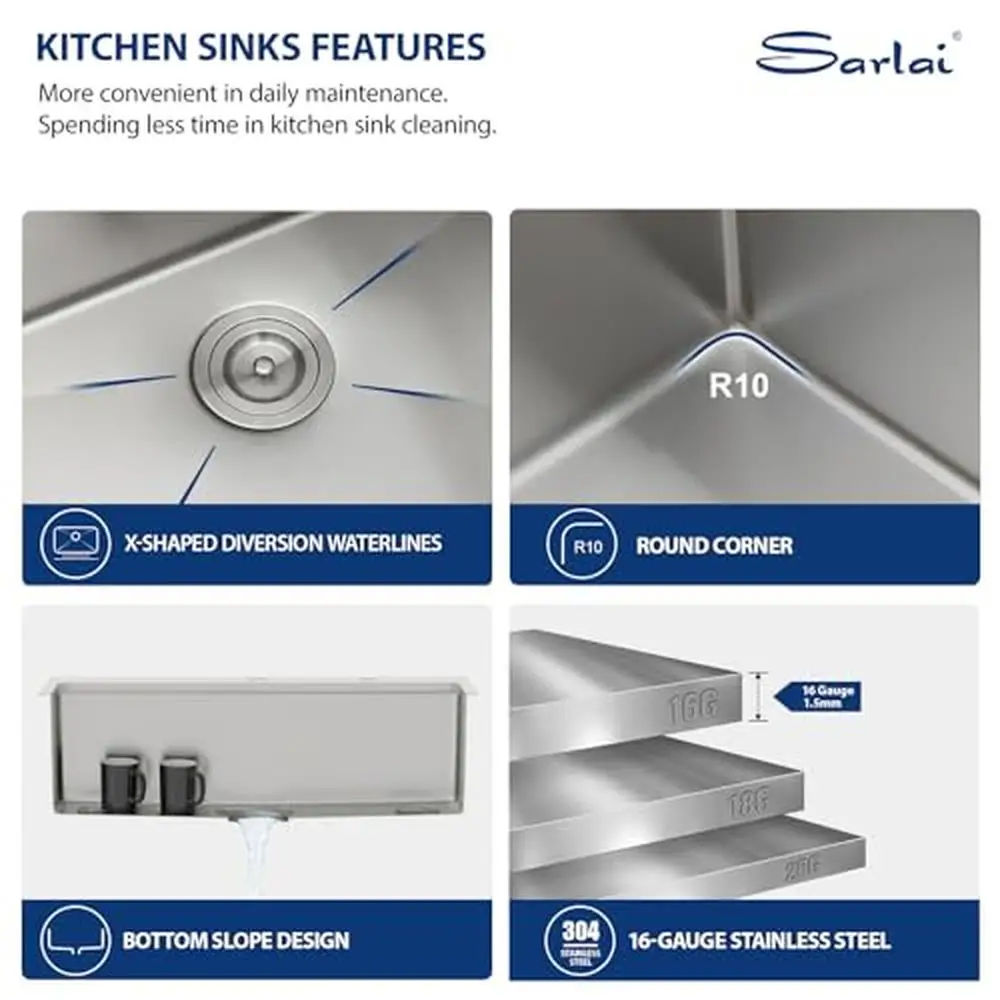 Stainless Steel 33x22 Drop In Kitchen Sink Workstation 16 Gauge Single Bowl Fast Drain Deep Over Counter Includes Cutting Board 6
