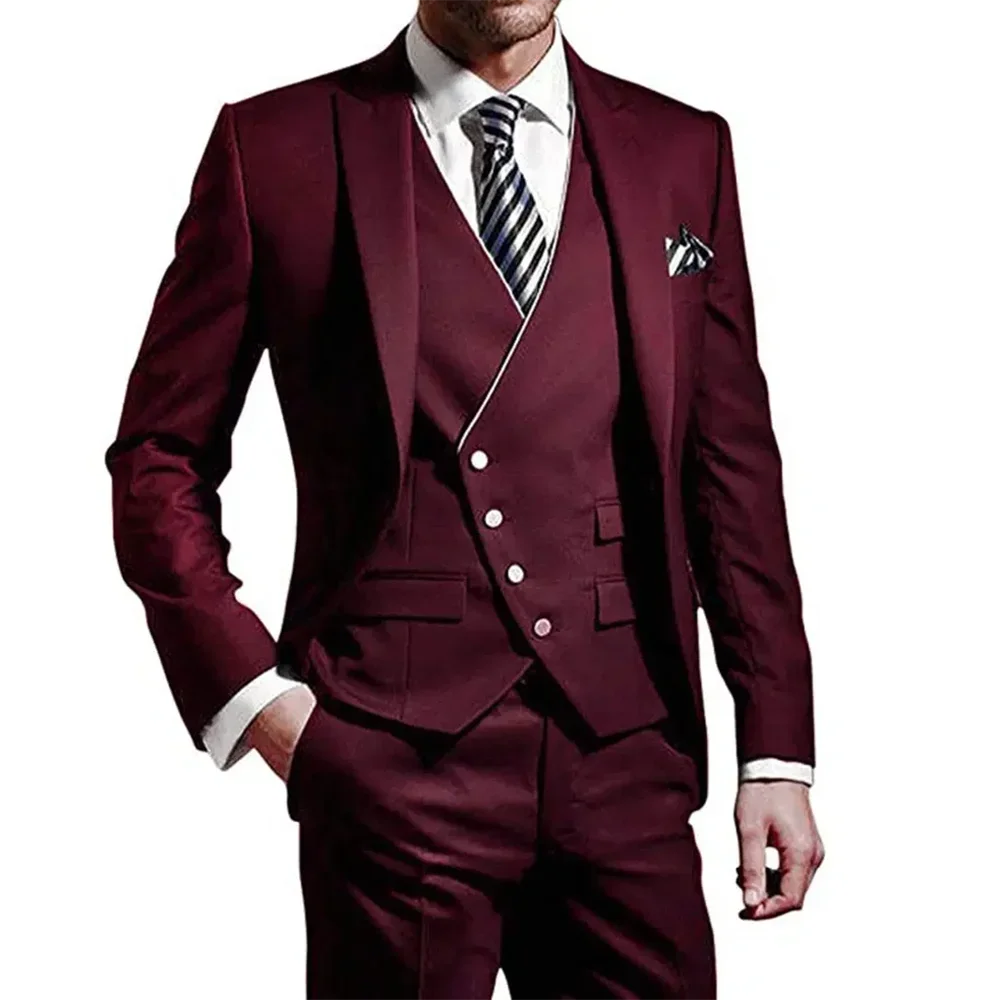 

Burgundy Men Suits Groom Wear Peak Lapel Wedding Groom Tuxedos Business Party Suit 3 Pieces Costume Homme (Jacket+Vest+Pant)