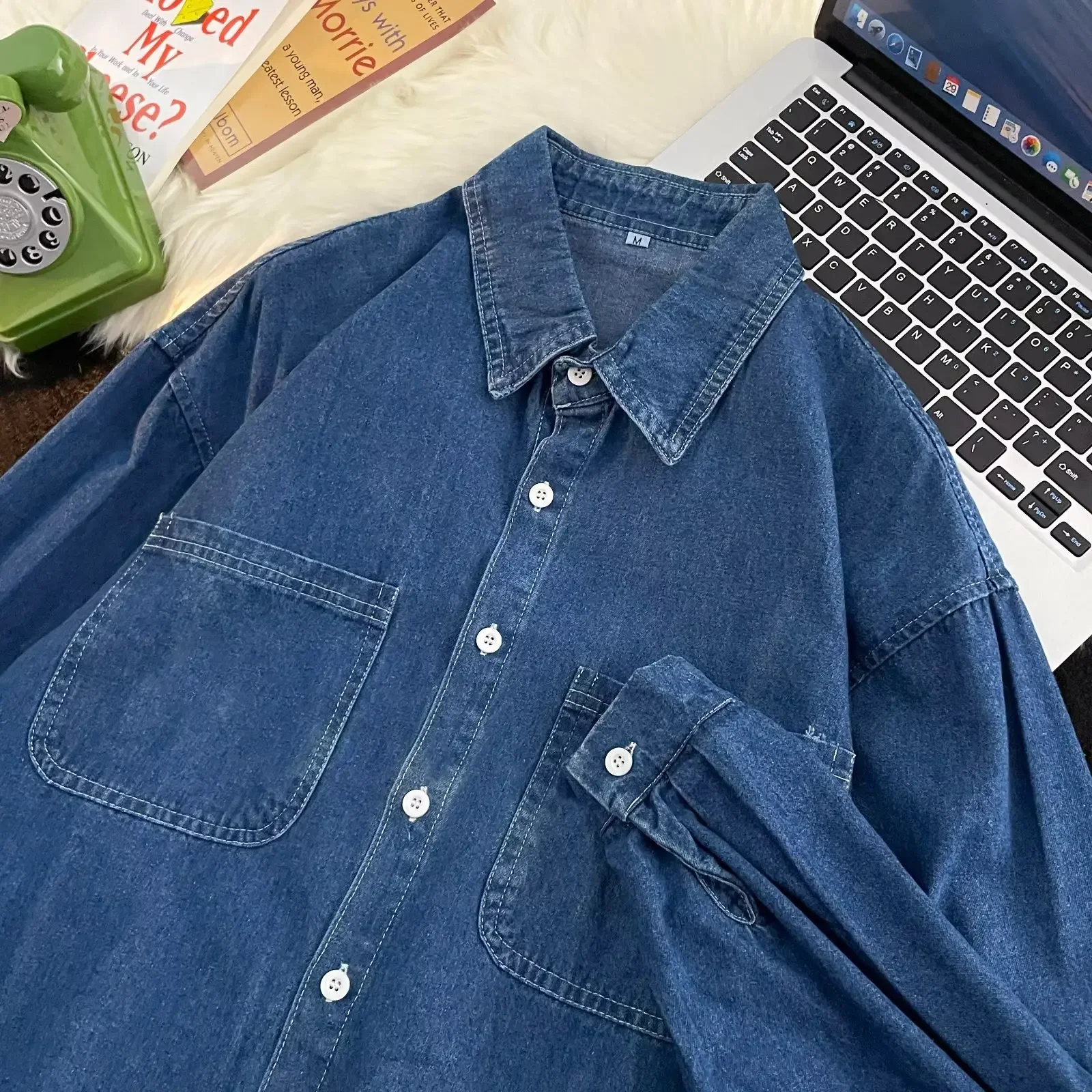 Fall Fashion High Street Retro Men's Denim Shirt Long Sleeve Turn-down Collar Outerwear Casual Simple Design Classic Style