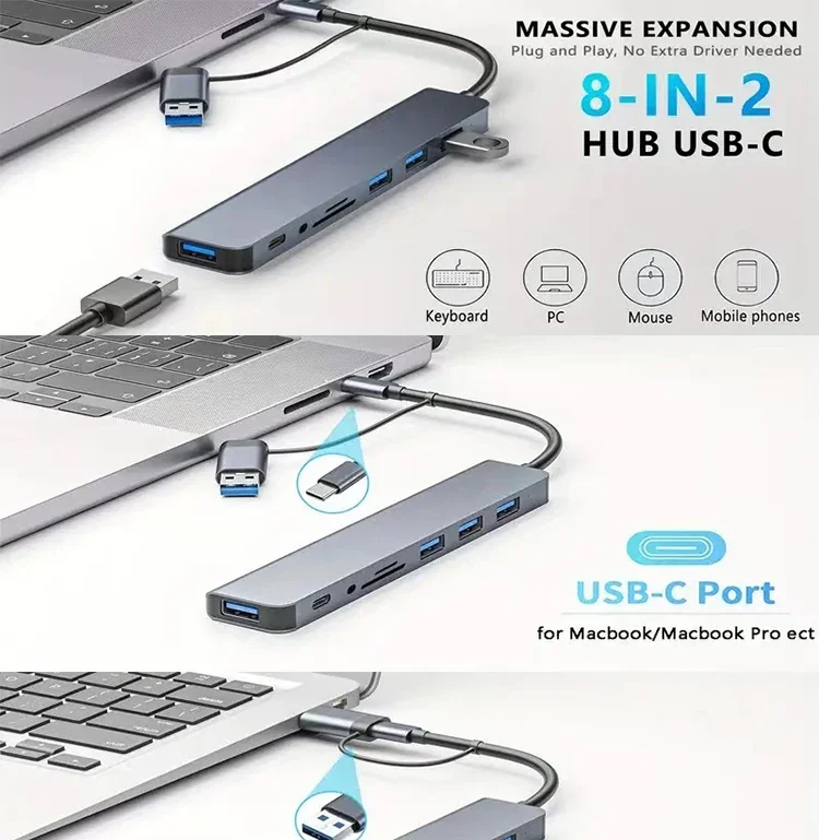 8-in-1 Usb-c Hub With Sd Tf Card Reader And Usb Port For Laptop_voghion.com