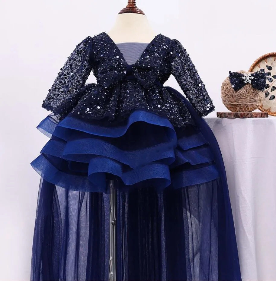 

Cute Puffy Girl Princess Dresses Glitter Sequins Layers Tulle Kids Party Dress Celebrity Dresses with Detachable Train
