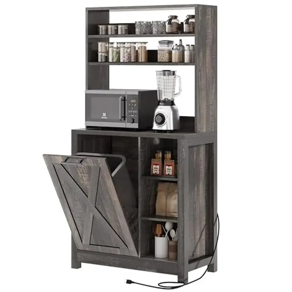 6-Tier Farmhouse Bakers Rack Microwave Stand Cabinet with Power Outlet and Trash Bin Kitchen Tall Coffee Bar Organizer
