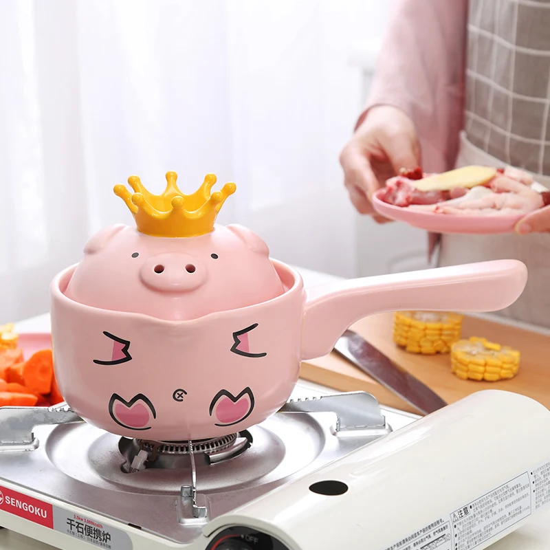 casserole pot Pink Pig High Temperature Resistance Casserole Handle Ceramic Cookware with Crown Pot Cover Kitchen Supplies Soup Pots
