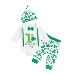 Vêtements pour nouveau né garçon, tenue de la saint Patrick, ensemble 3 pièces décontracté, à quatre feuilles, avec trèfle imprimé, manches longues, pantalon et chapeau 