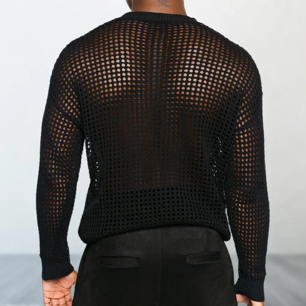 Men Fishnet Top See Through Shirts Transparent Long-arm Muscle T-Shirt Net Undershirt Spring Streetwear Mens Mesh Knit Shirt