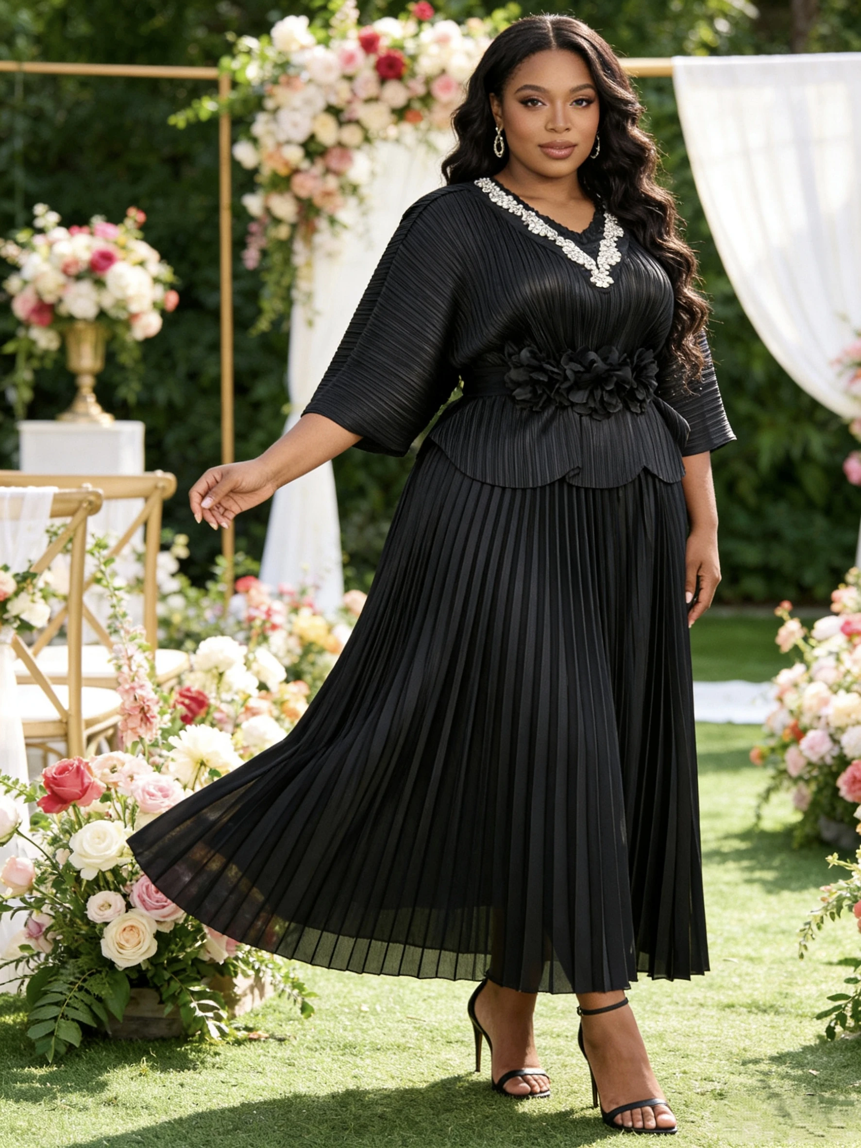 Miyaki Plus-Size Skirt Suit with V-Neck and Batwing Sleeves, Miyake Floral Belt, Pleated Casual Elegant Style for Socialites, Suitable for Banquets, Weddings, Fashion Parties, Commuting, and Dates 5