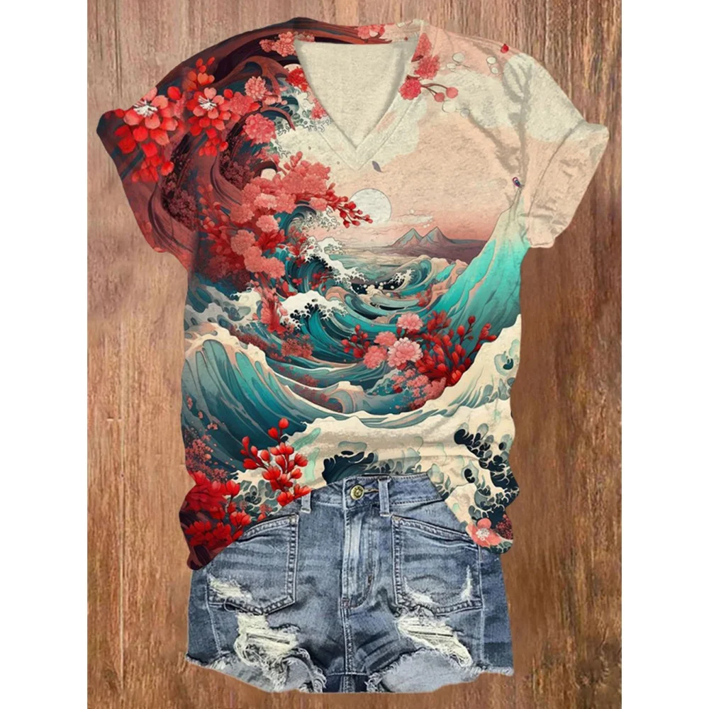 

Cotton Women's T-Shirts Fashion Characters Top Tee 3d Rose T-Shirt Harajuku Casual Short Sleep V-Neck Oversized Female Clothing