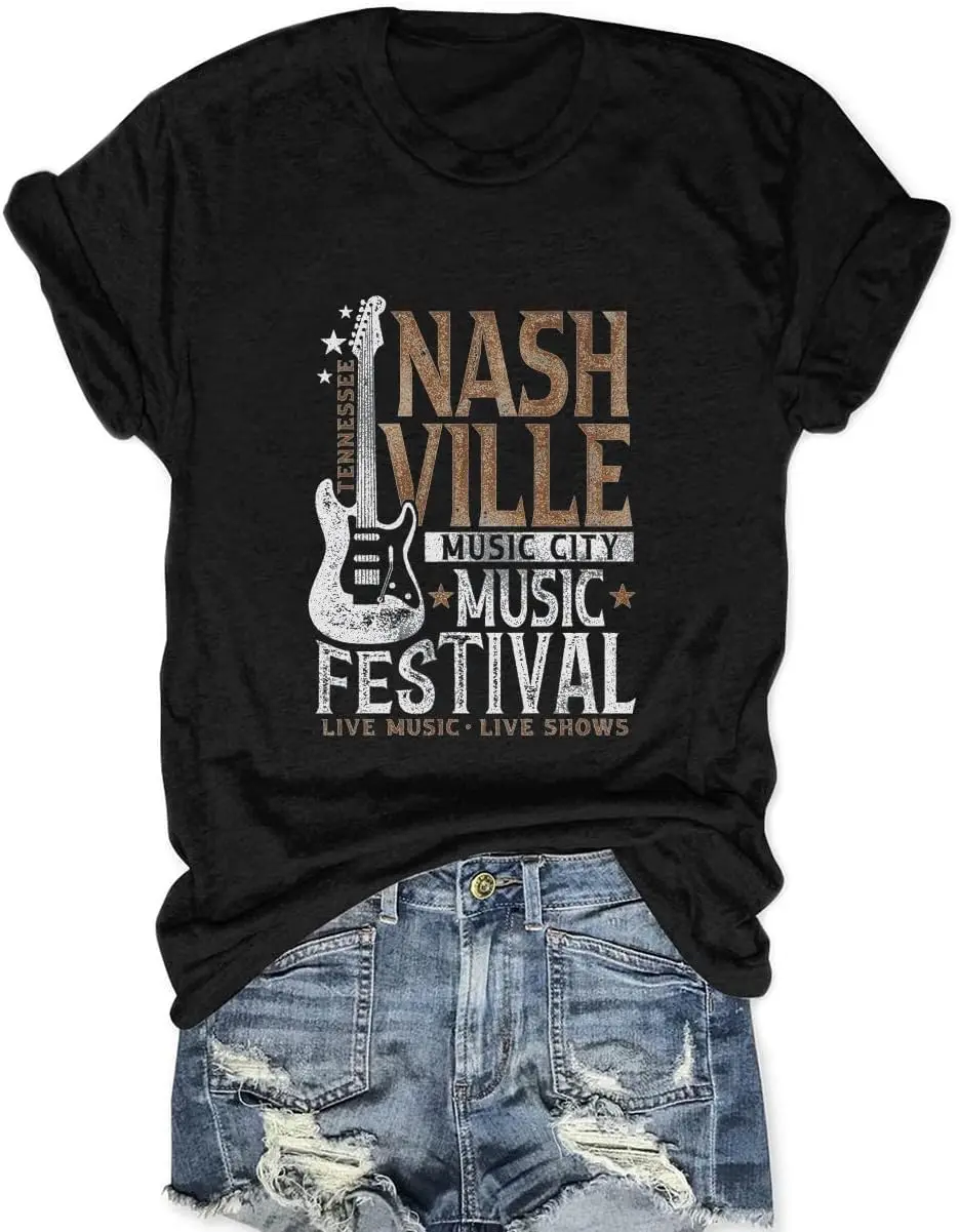 

Women Country Music Shirts Fashion Guitar Rock T Shirt Short Sleeve Vacation Party Tops