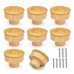 Handmade Wooden Rattan Round Furniture Knobs for Dressers and Cabinets (8pcs Yellow Rattan)