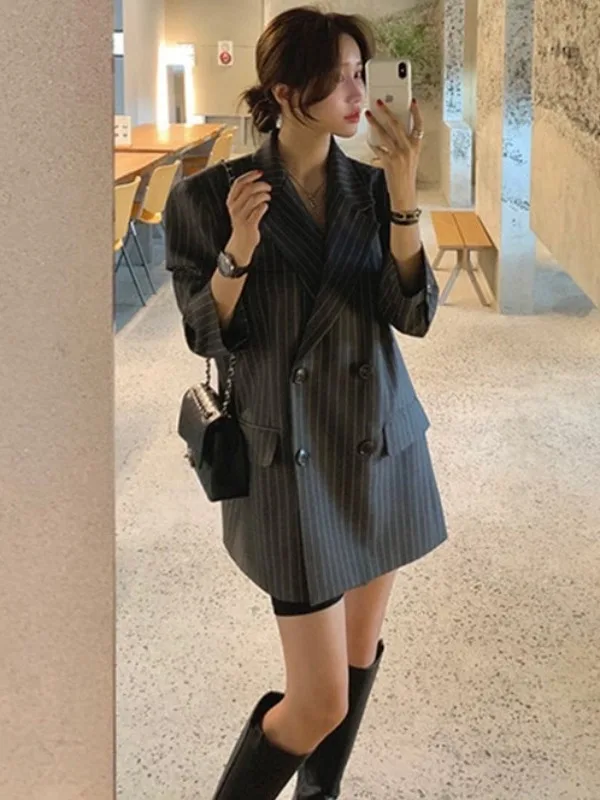 Casual Vertical Stripes Women's Small Suit Jaet 2025 Spring Autumn New Design High Faion Sense with Belt Trendy Outerwear
