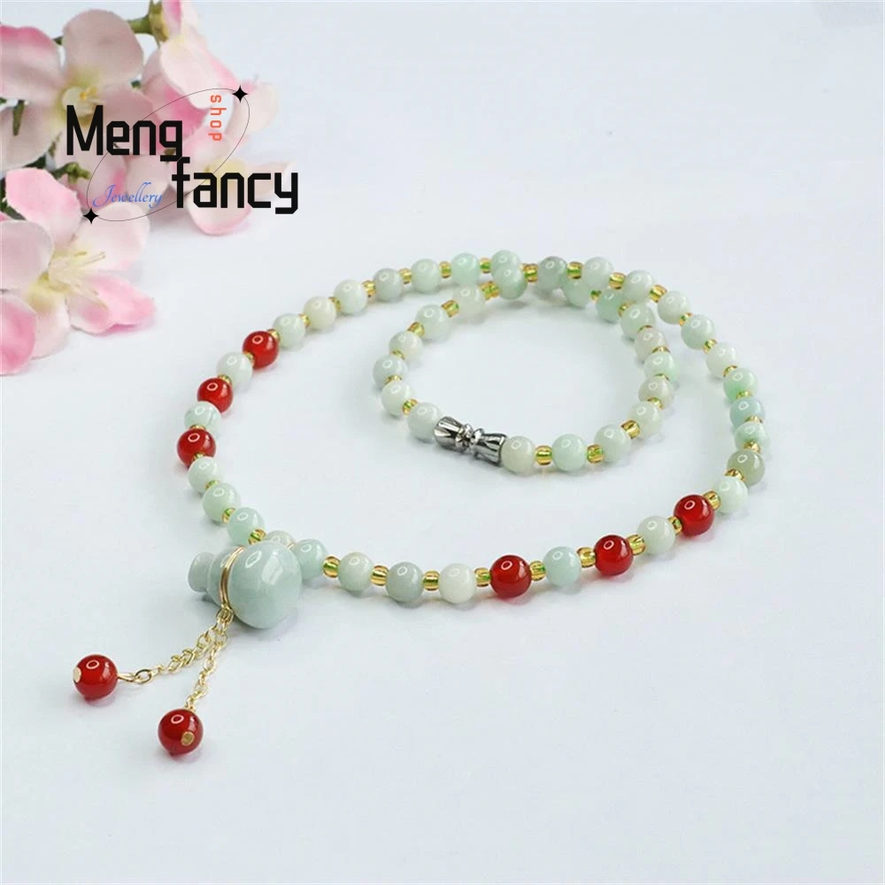 Natural Jadeite Exquisite Elegant Simple High-grade Necklace Jade Gourd Red Agate Bead Chain Luxury Quality Jewelry Holiday Gift