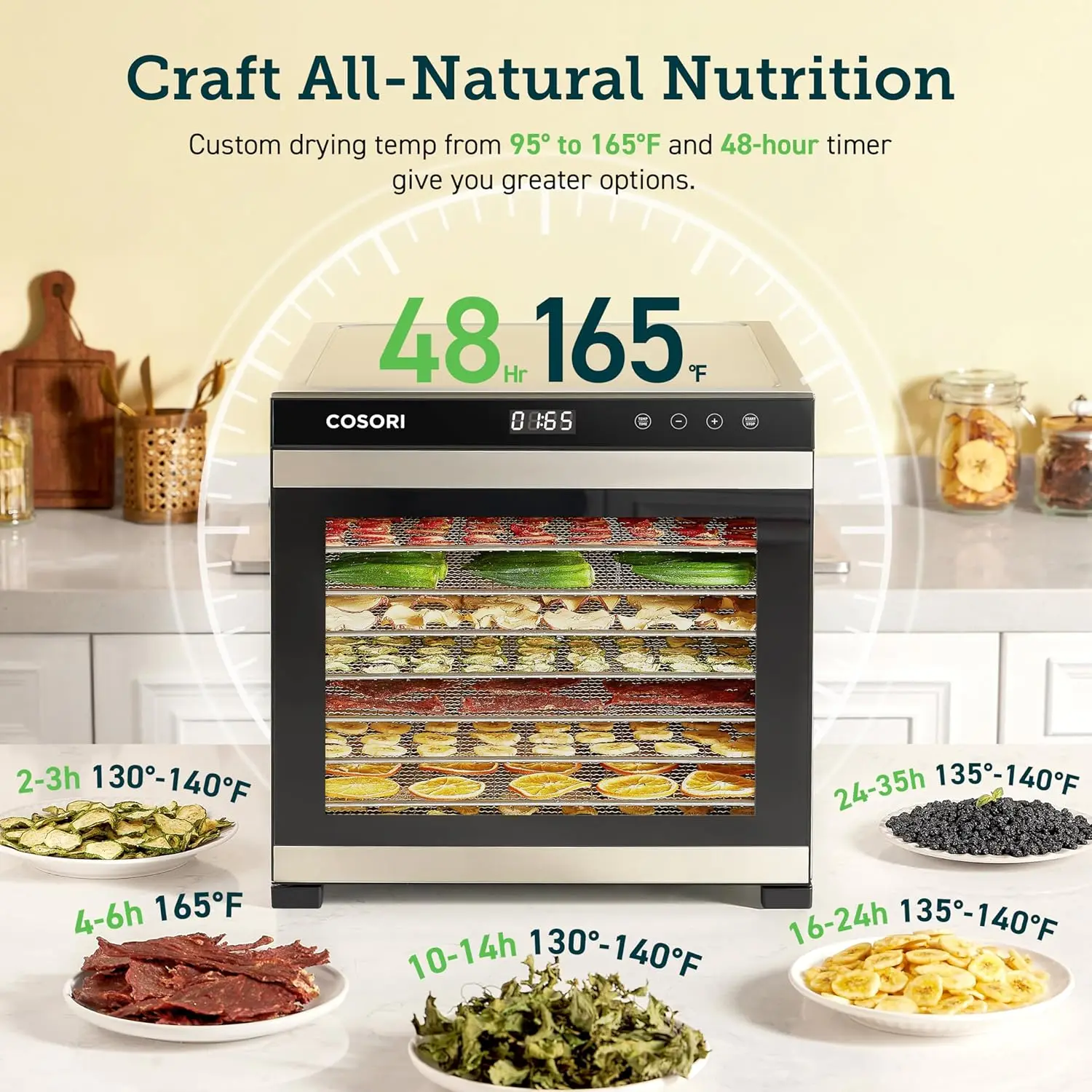 Food Dehydrator for Jerky 10 Trays 16.2ft&sup2; Drying Space 165&deg;F Temperature Control 48H Timer 1000W Dehydrator Machine