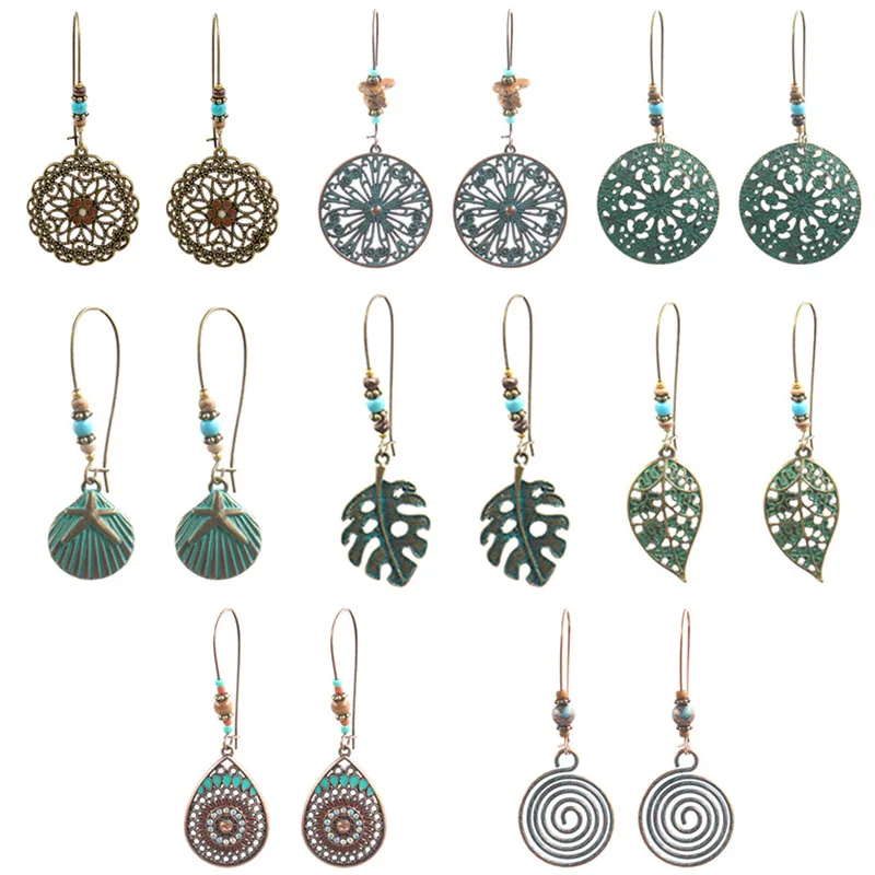 Wholesale Earrings Ancient Bronze Metal Classic Carved  Female Bohemian Retro Element   Girl Gift