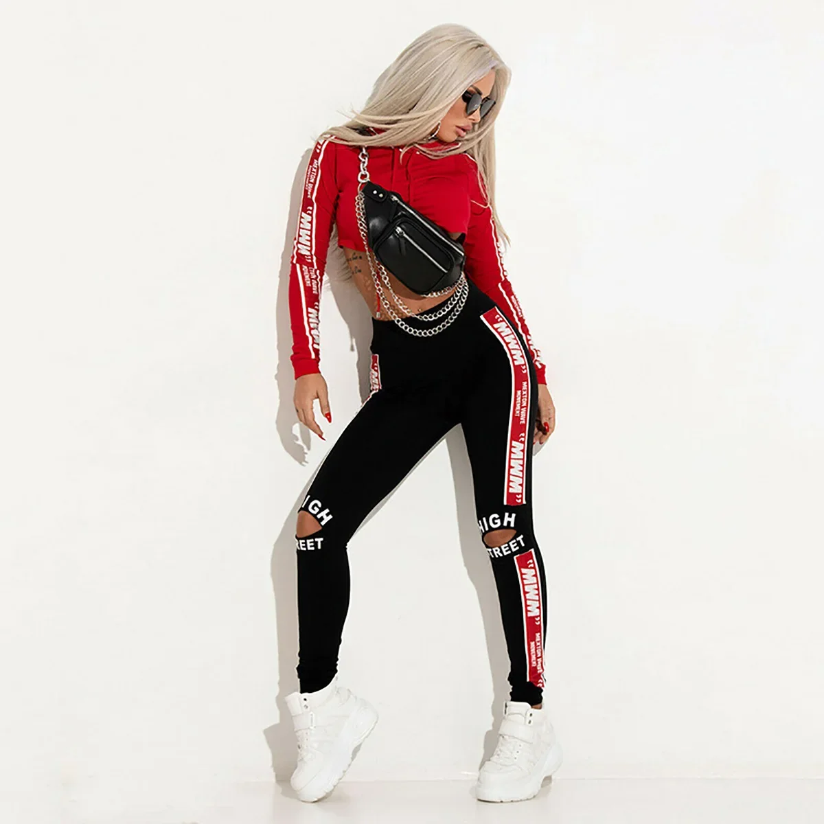 

Женская Стильная Спортивная одежда Gymystars для спортзала, укороченные толстовки с буквенным принтом, топы с длинными рукавами и штаны с дырками, комплект из двух предметов