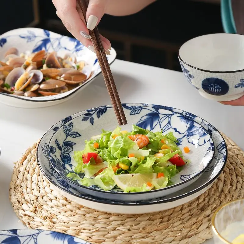 Household Chinese Lucky Character Tableware Printed Underglaze Colored Ceramic Dining Disc Square Plate Fruit Vegetable Plate