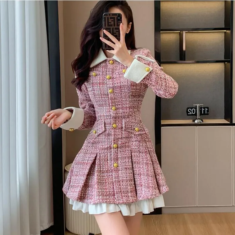 

ZAWFL NEW Autumn Plaid Patchwork Women Dress Contrast Stitching Tweed Single Breasted Pink Dresses Party Female Vestidos