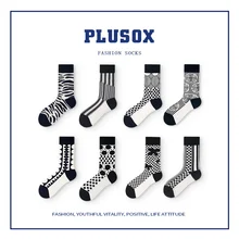 

Plusox New Black White Children Women Middle Tube Lattice Socks South Korea Ins Japanese Personalizedstriped Stocking